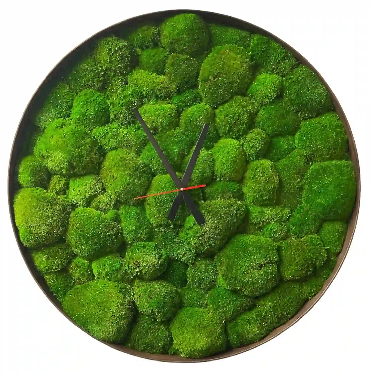 Moss-Clock-3-1 Runde Uhr mit Kugelmoos, minimalistischen Zeigern und kreisförmigem Rahmen