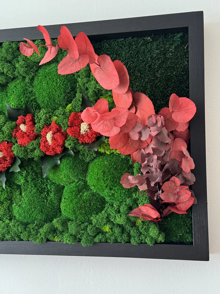 Struktur und Farben von konserviertem Moos und Eukalyptus – Naturdesign im Detail