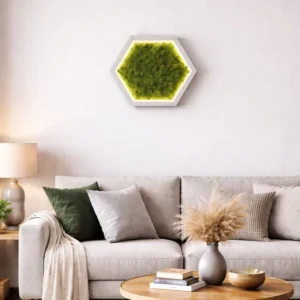 Шестикутна картина з моху з LED підсвіткою у білій рамі на сірій стіні