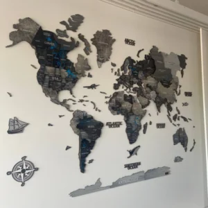 Сучасна 3D карта світу з дерева, Black & Grey Edition, на білій стіні з компасом (150-200 см).